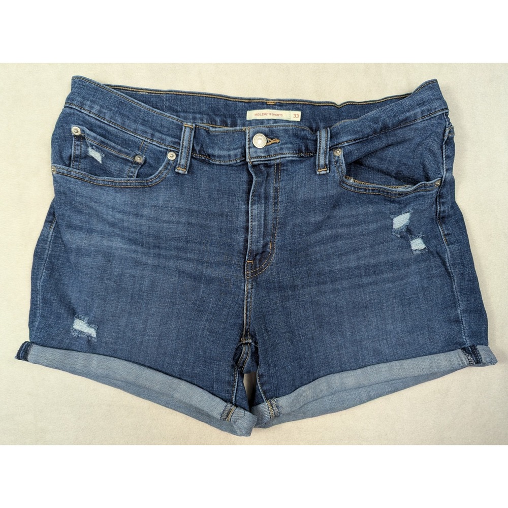 Levis Mid Length Denim Shorts Womens size 33 Blue Distressed Cuffed
